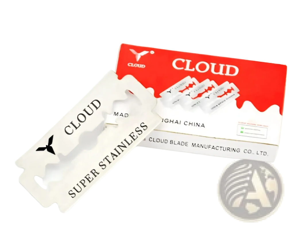 A white cloud brand razor blade with black lettering made of super stainless steel for bamboo safety razor kit