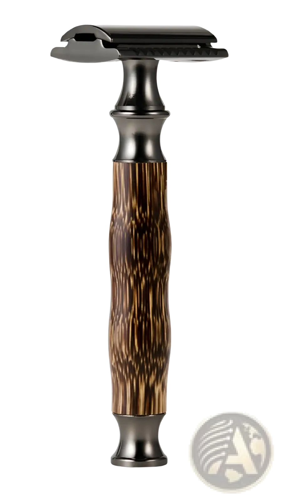 A sleek bamboo safety razor with a dark bronze metal head and intricately patterned grip for manual shaving