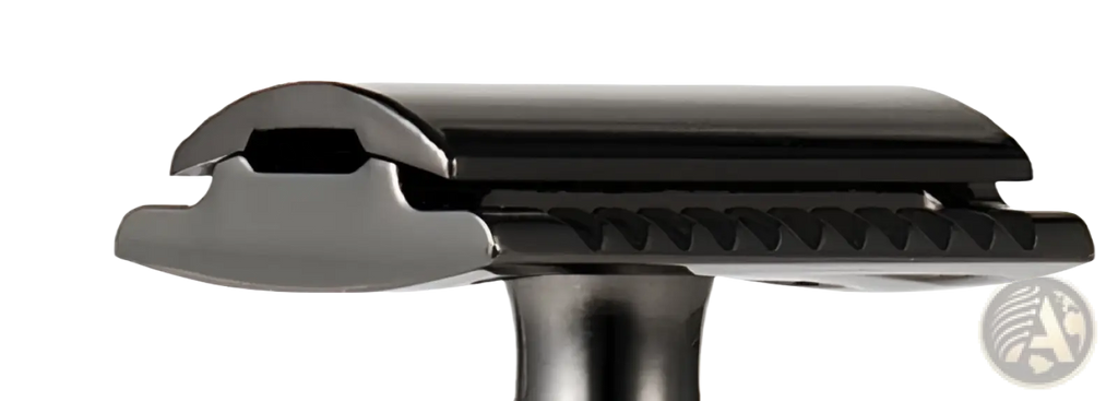 Black matte-finished bamboo safety razor with classic curved handle and serrated blade guard for manual shaving kit