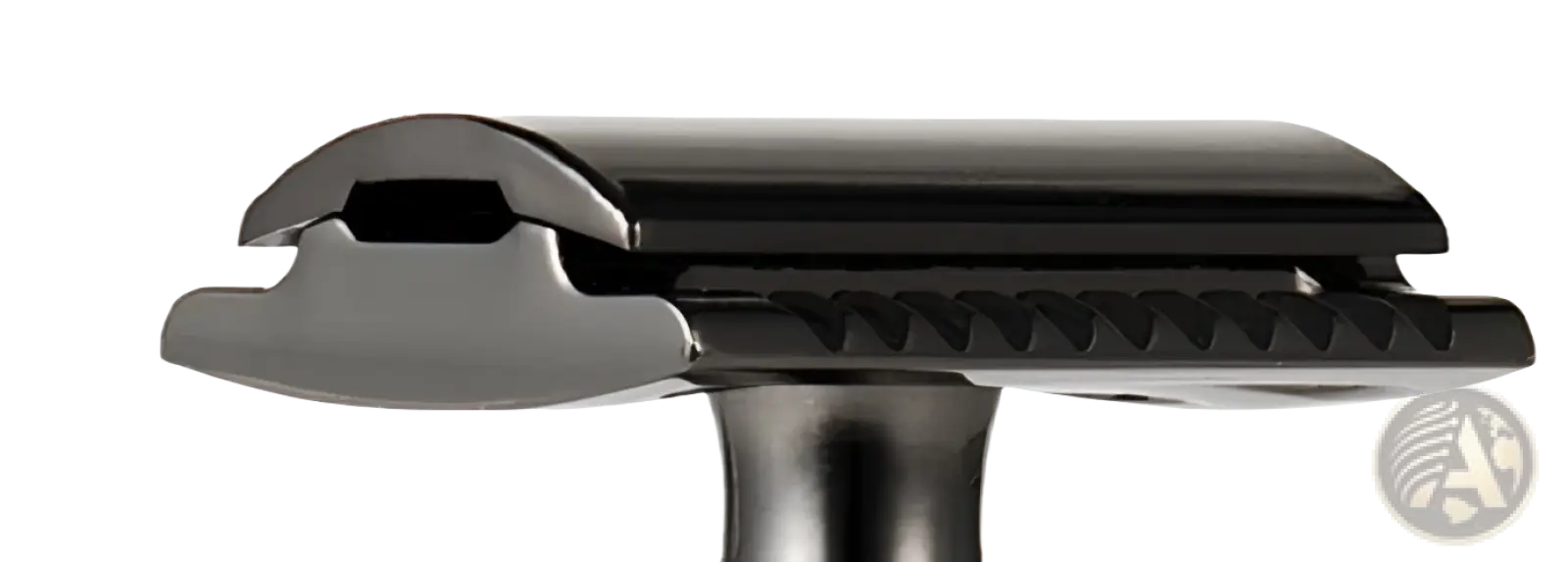 Black matte-finished bamboo safety razor with classic curved handle and serrated blade guard for manual shaving kit