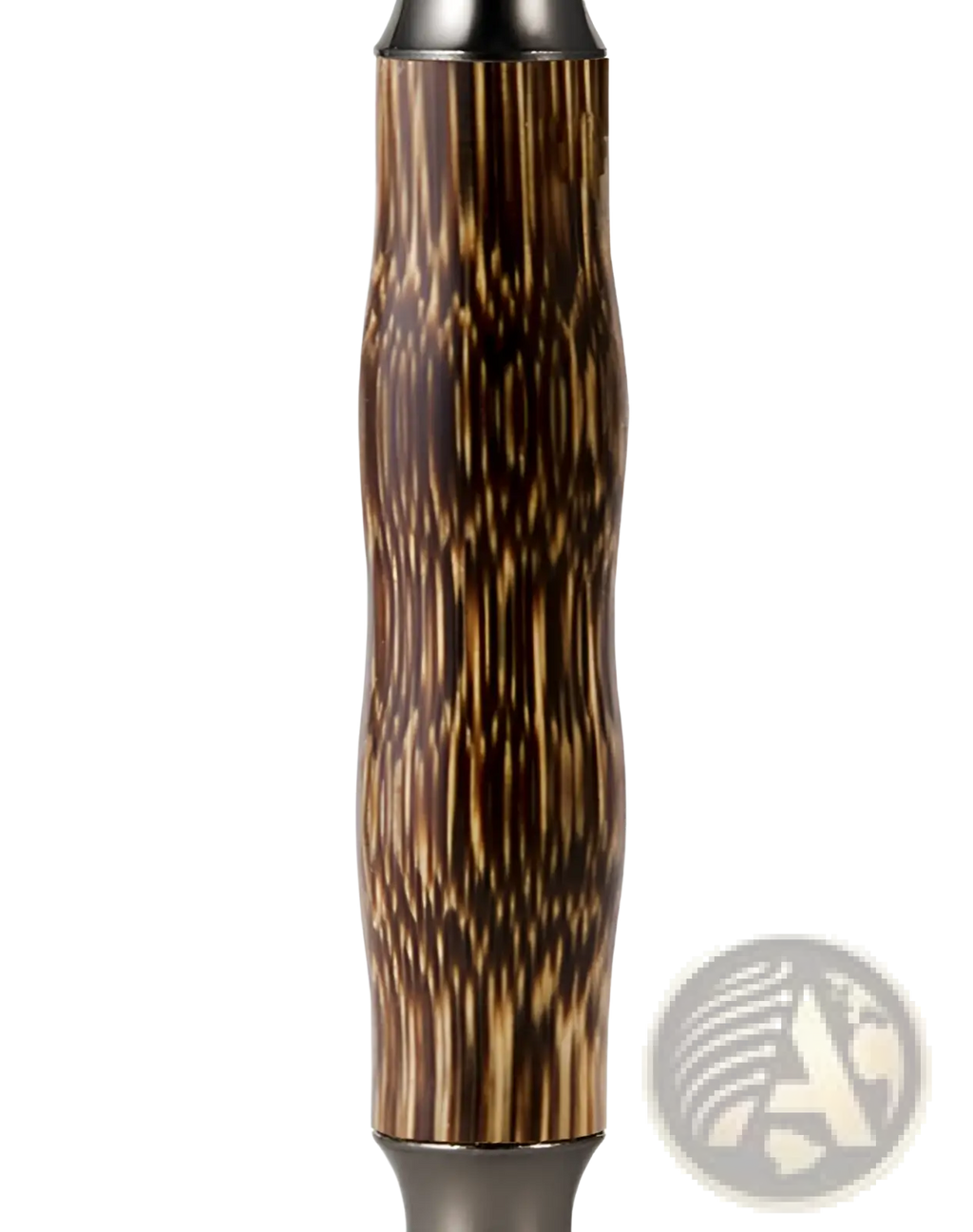 A sleek ergonomic pen with dark brown and golden wood grain grip and silver accents in bamboo safety razor kit