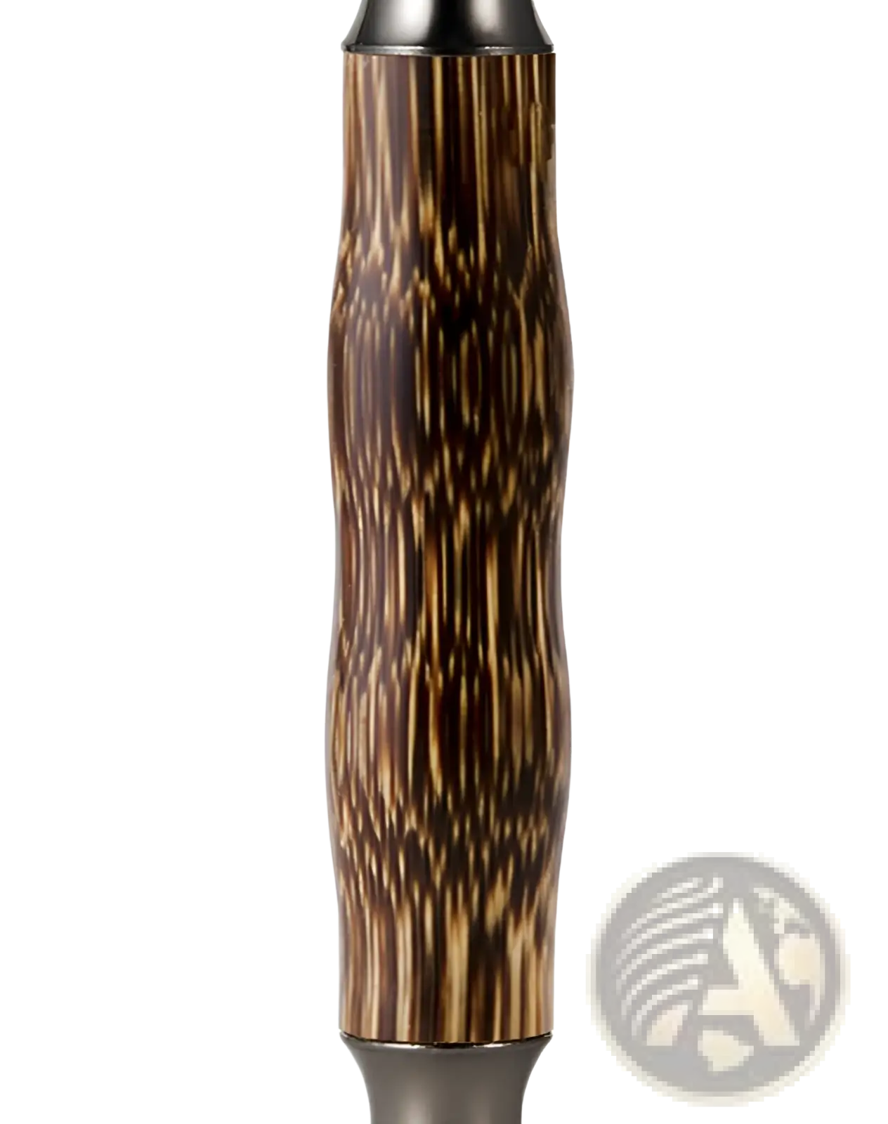 A sleek ergonomic pen with dark brown and golden wood grain grip and silver accents in bamboo safety razor kit