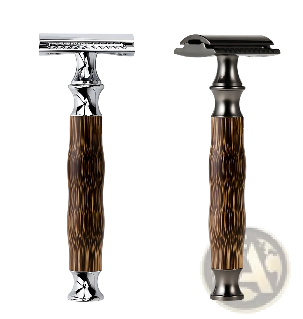 Two bamboo safety razors with dark brown wood-grain handles and metallic tops in polished chrome and matte black finish