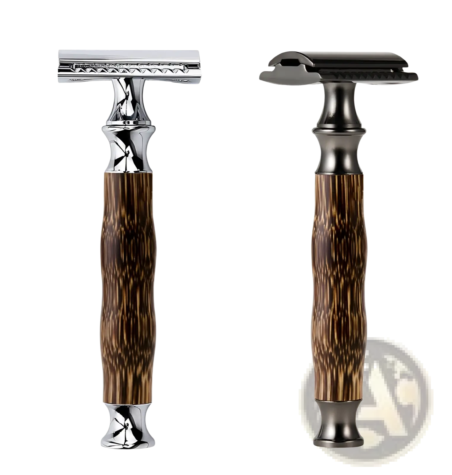 Two bamboo safety razors with dark brown wood grain handles and metallic tops in polished chrome and matte black