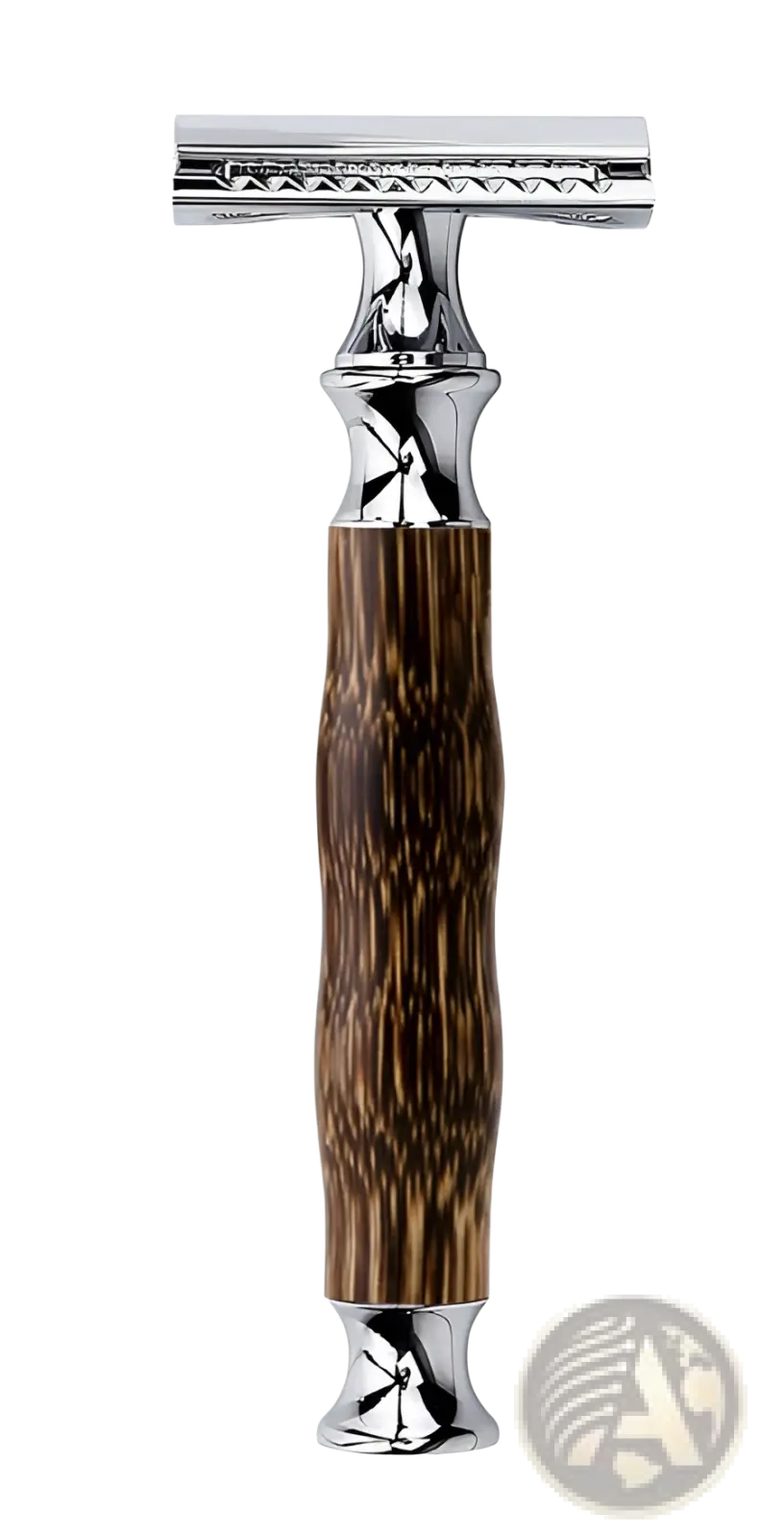 Bamboo safety razor with polished chrome head and dark brown natural wood grain bamboo handle for manual shaving