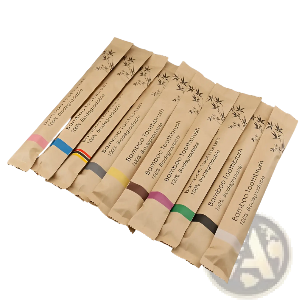 Bamboo toothbrush set 10 pack soft bristle eco friendly with colorful striped biodegradable kraft paper sleeves and bamboo leaf design