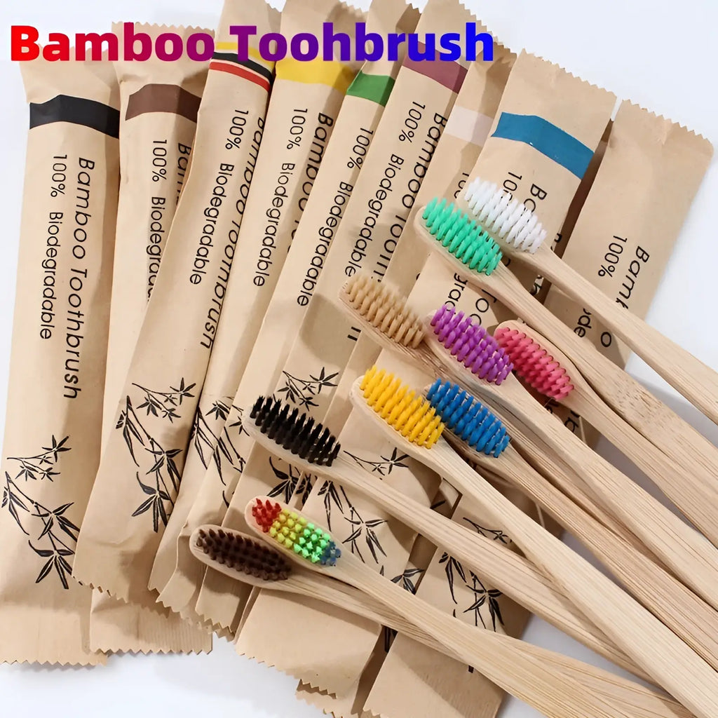 A bamboo toothbrush set 10 pack with soft colorful bristles and natural wood handles eco friendly design