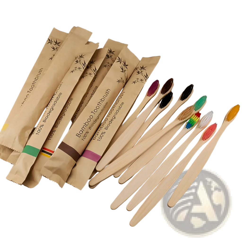 Set of ten bamboo toothbrushes with soft colorful bristles individually wrapped in eco friendly kraft paper packaging