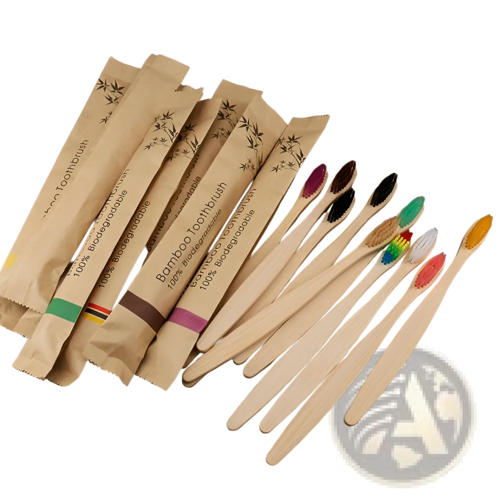 Set of ten bamboo toothbrushes with soft colorful bristles individually wrapped in eco friendly kraft paper packaging