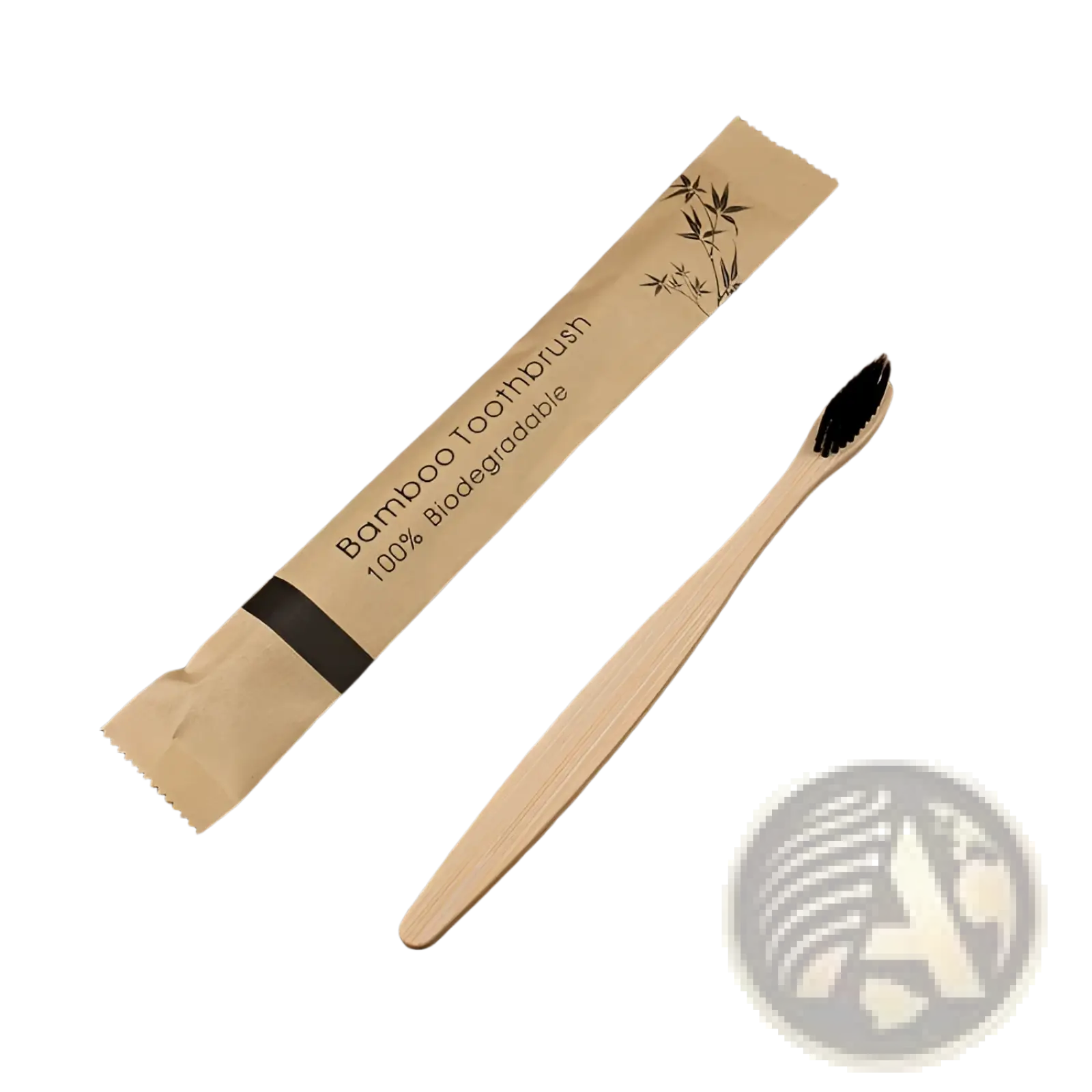 A natural bamboo toothbrush with black soft bristles in a biodegradable brown paper sleeve from a 10 pack set