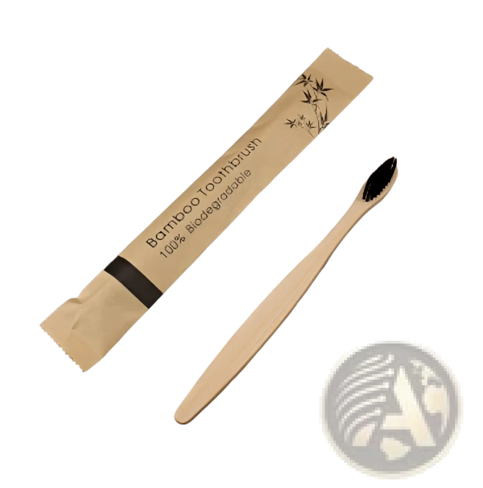 A natural beige bamboo toothbrush with black soft bristles in a biodegradable brown paper sleeve eco friendly 10 pack