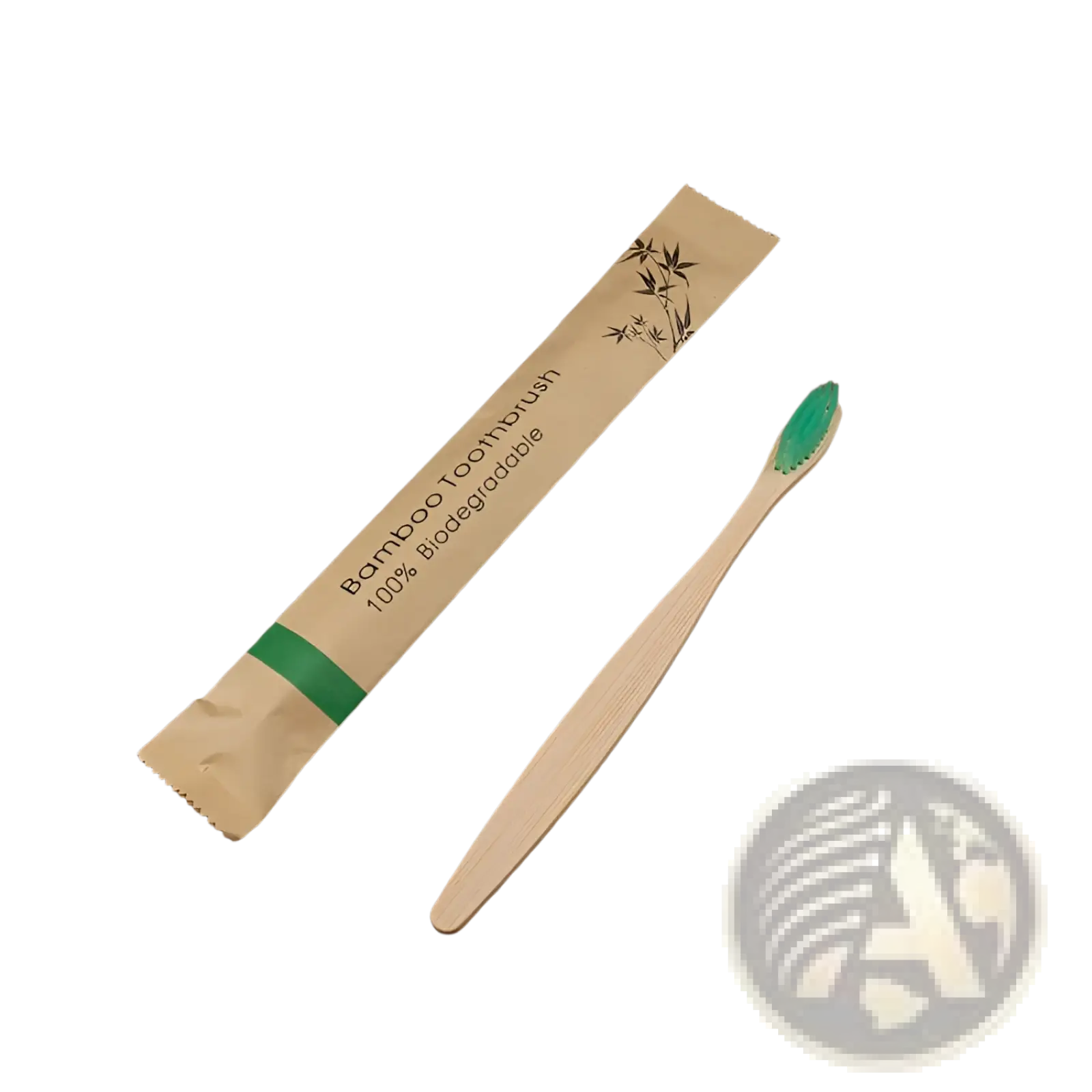 A light brown bamboo toothbrush with green soft bristles in a kraft paper sleeve with bamboo leaf designs