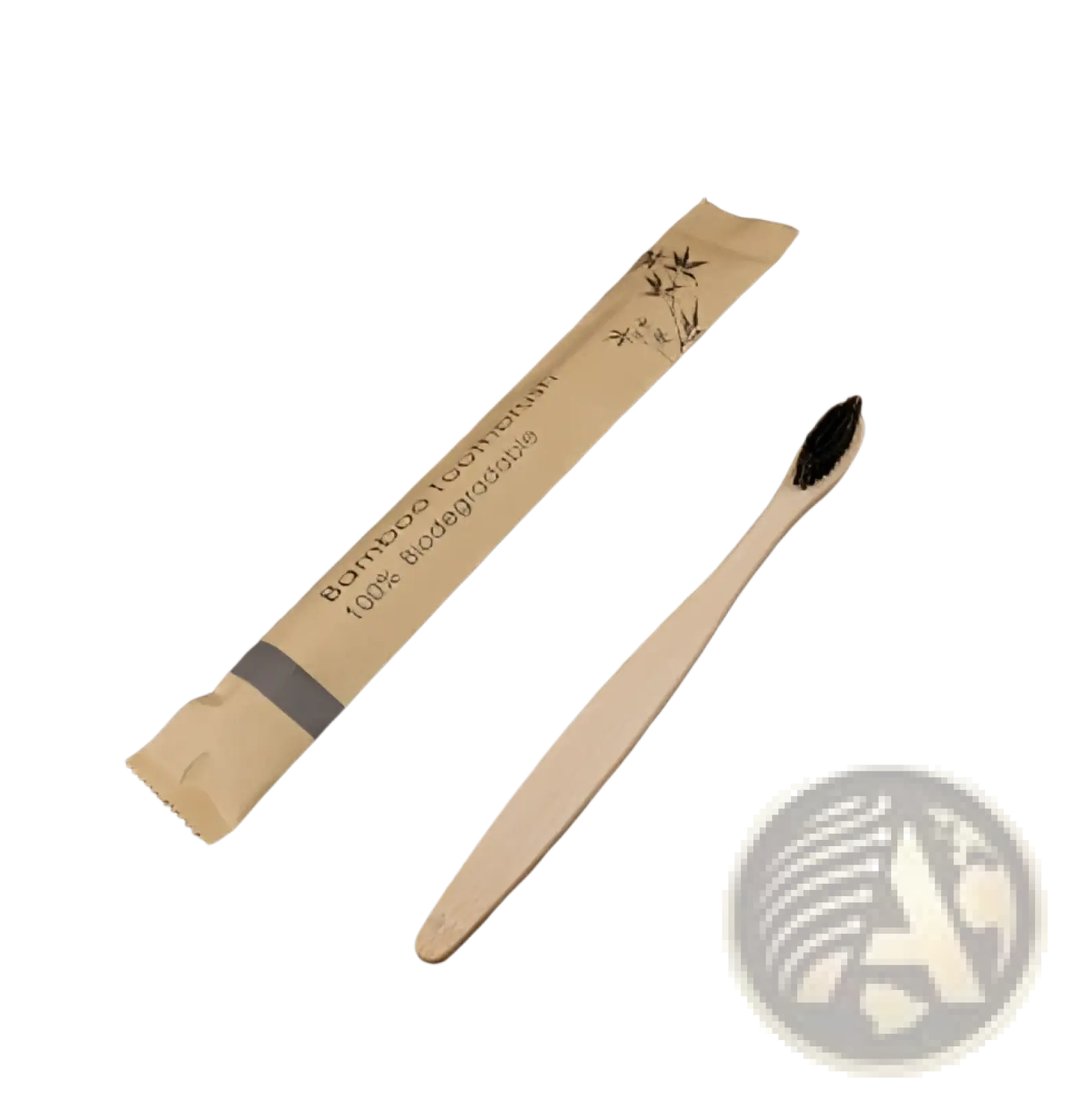 Bamboo toothbrush set 10 pack with soft black bristles and natural beige bamboo handles in biodegradable sleeves
