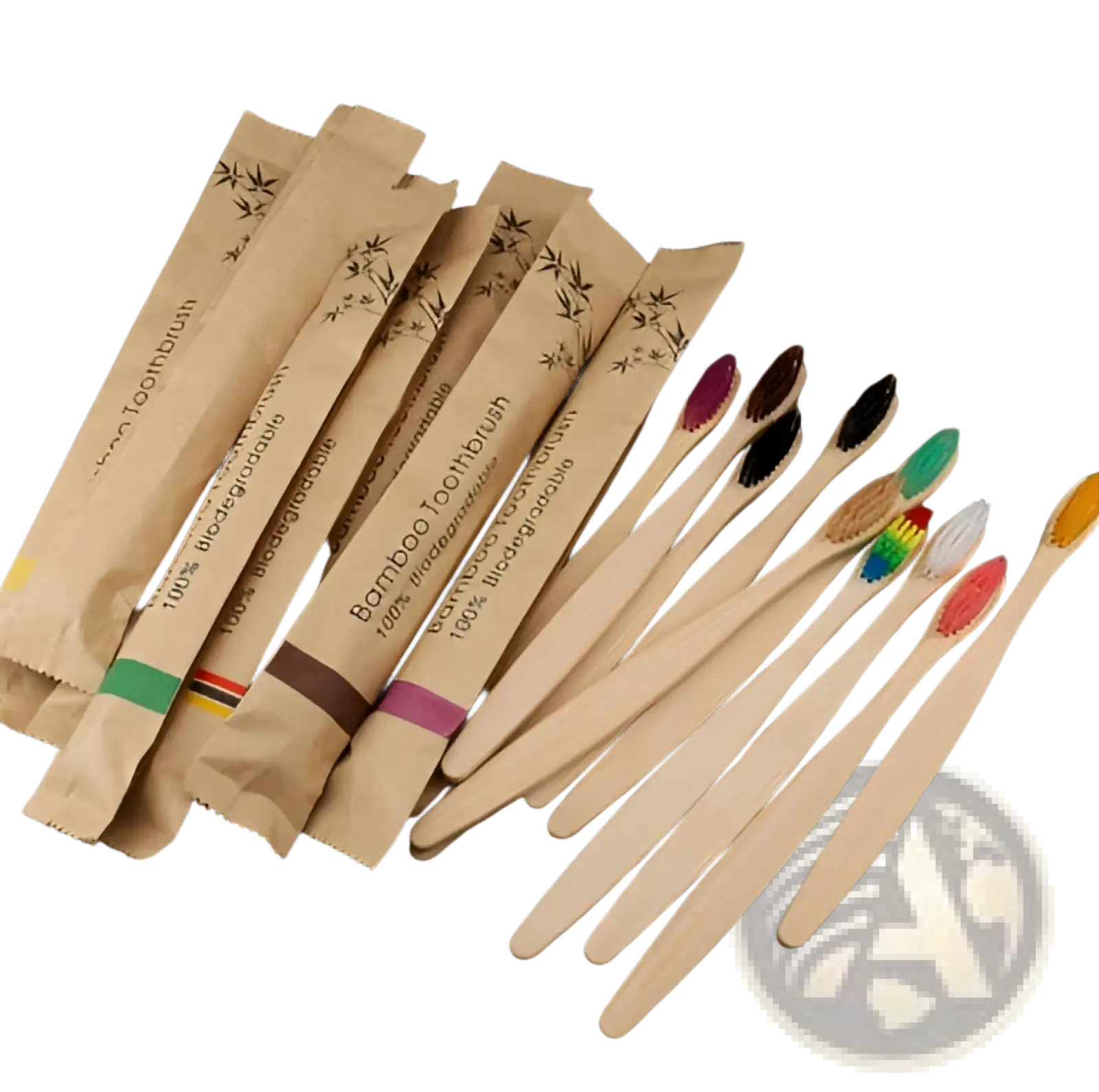 Bamboo toothbrush set 10 pack with soft colorful bristles individually wrapped in eco friendly brown paper packaging