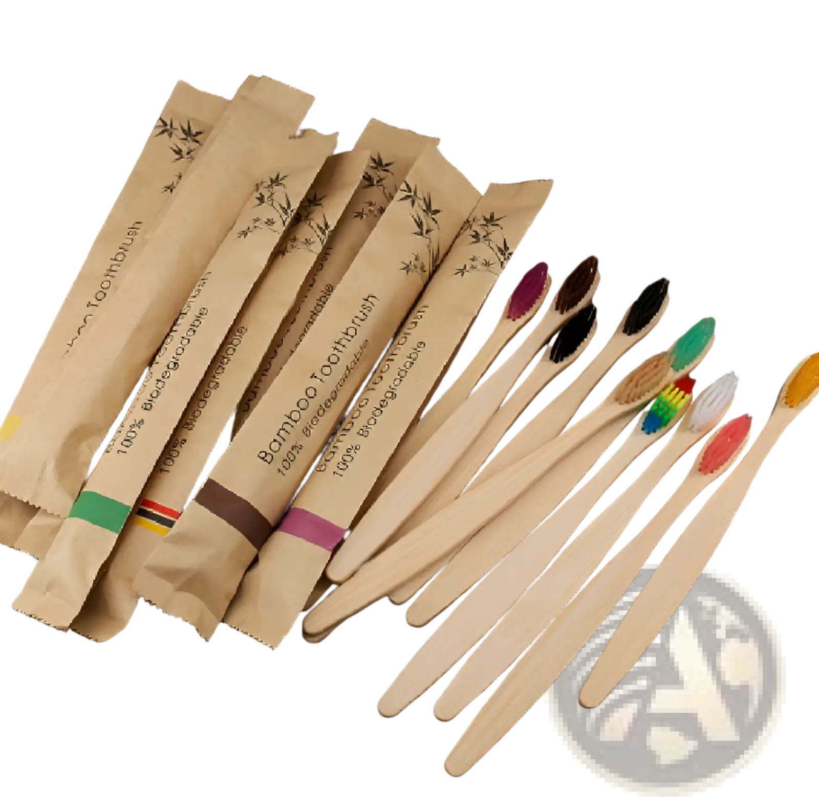 Bamboo toothbrush set 10 pack with soft colorful bristles individually wrapped in eco friendly brown paper packaging