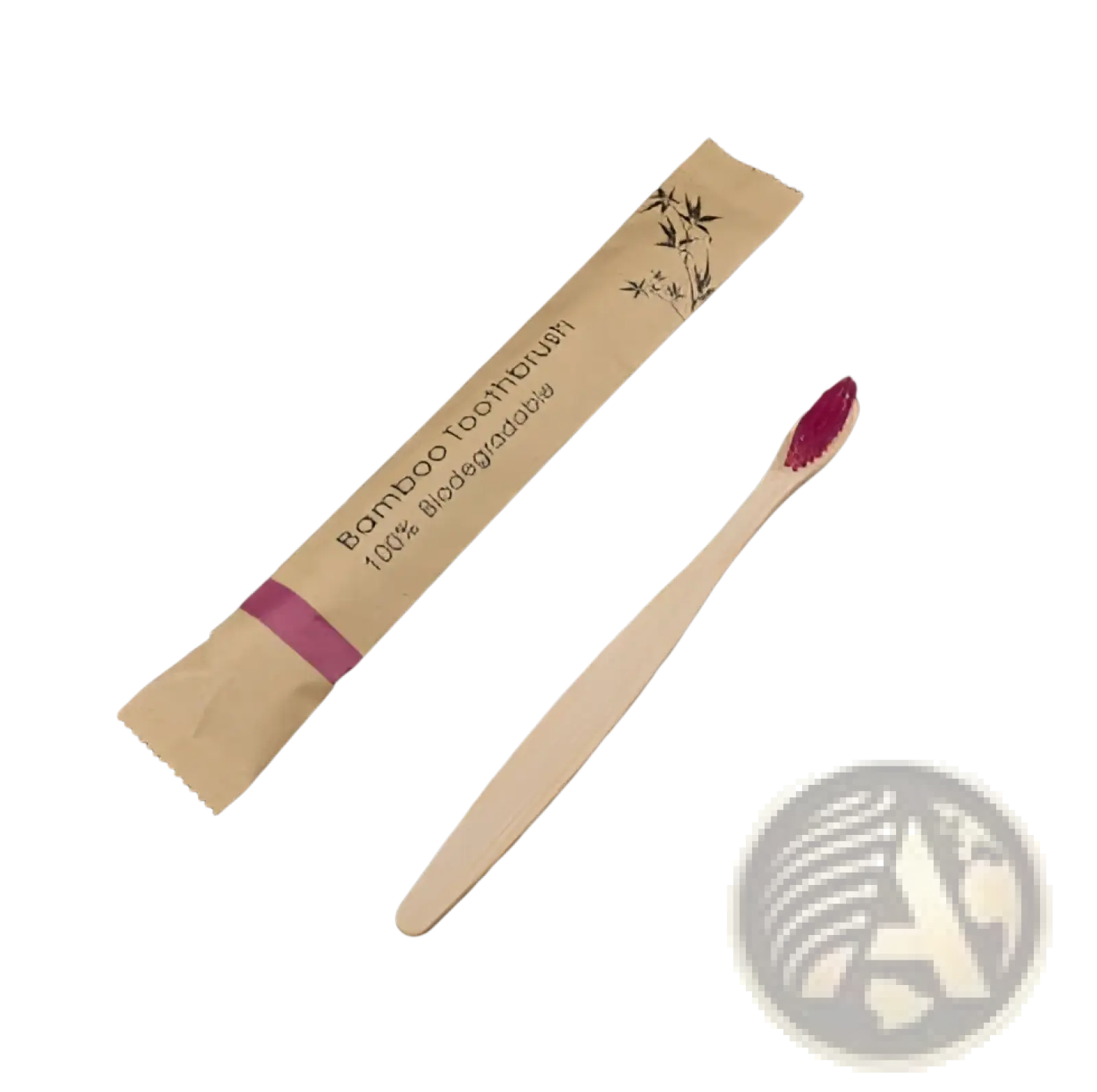 A single bamboo toothbrush with a beige handle and magenta soft bristles in a brown biodegradable paper sleeve