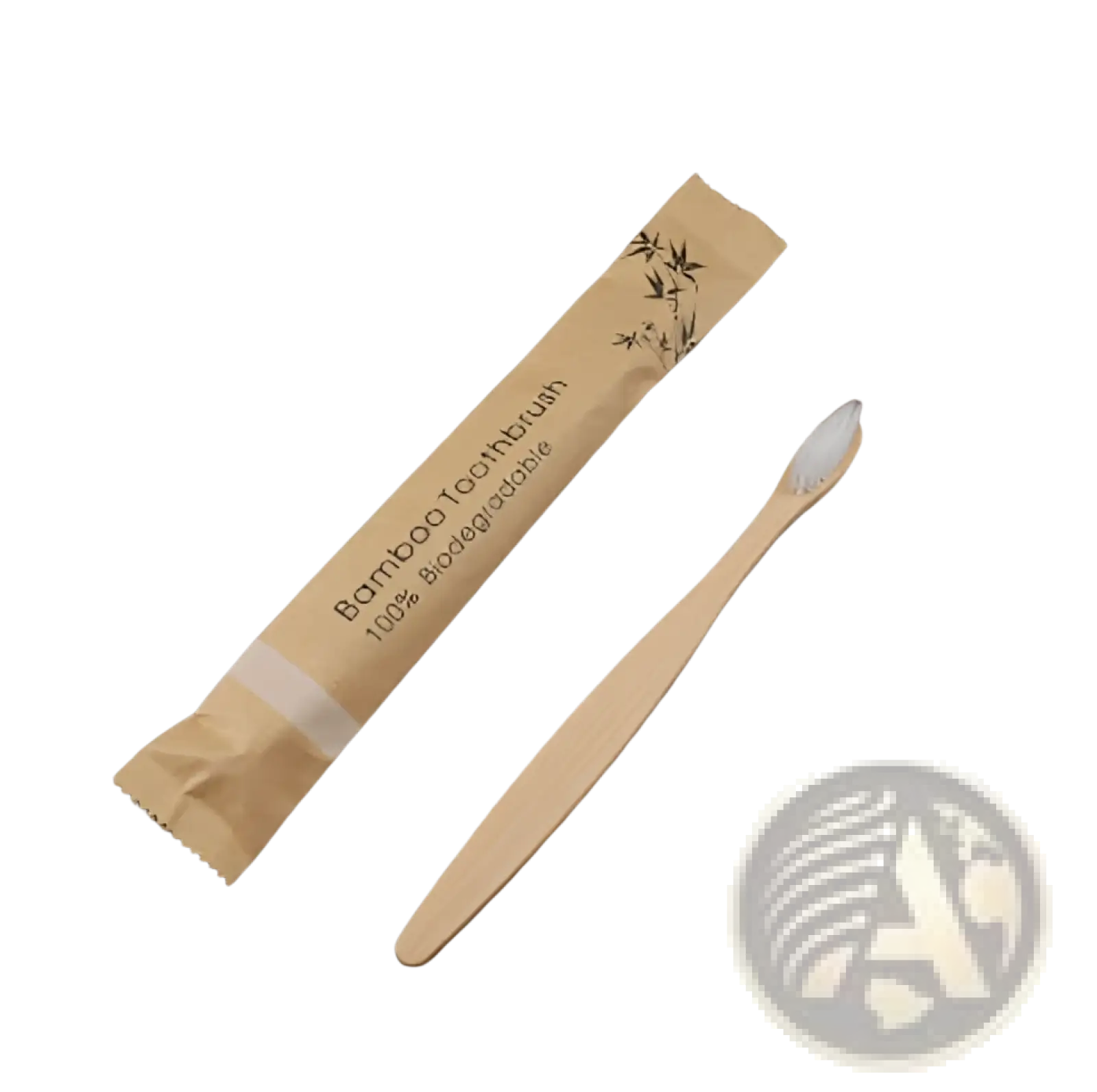 A light beige bamboo toothbrush with white soft bristles in a brown paper sleeve with black bamboo leaf designs
