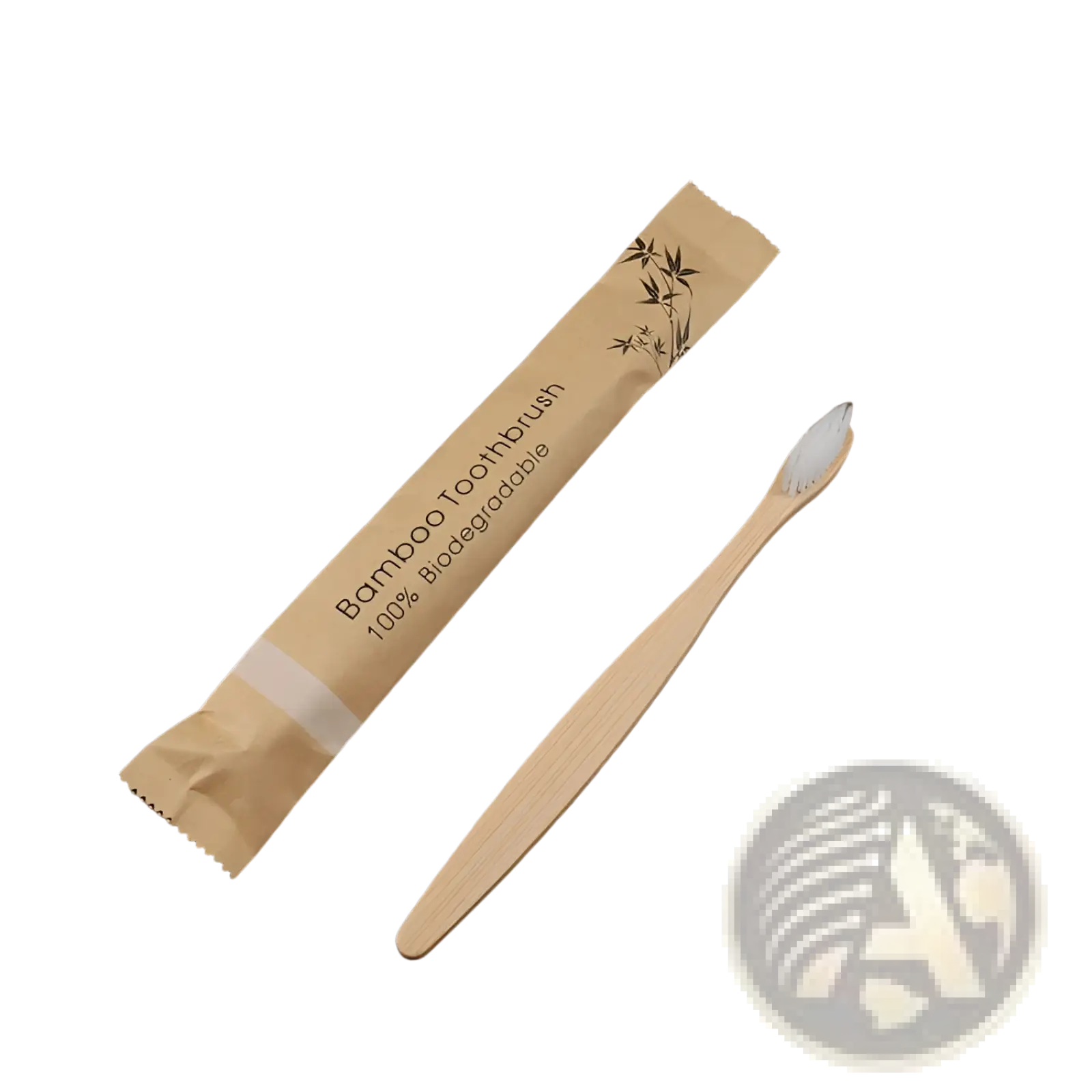 A natural bamboo toothbrush with soft white bristles in a brown paper sleeve featuring a bamboo leaf design