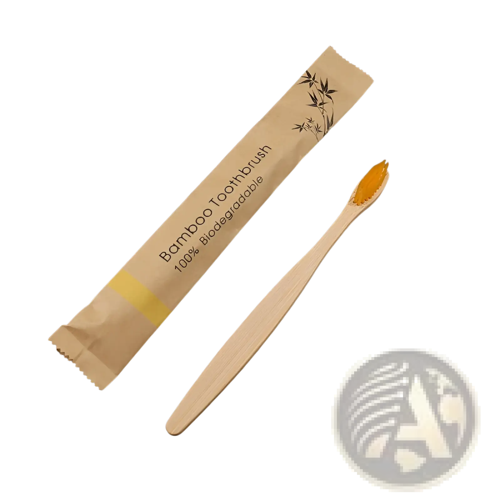 A natural bamboo toothbrush with soft orange bristles in a brown paper sleeve featuring bamboo leaf designs