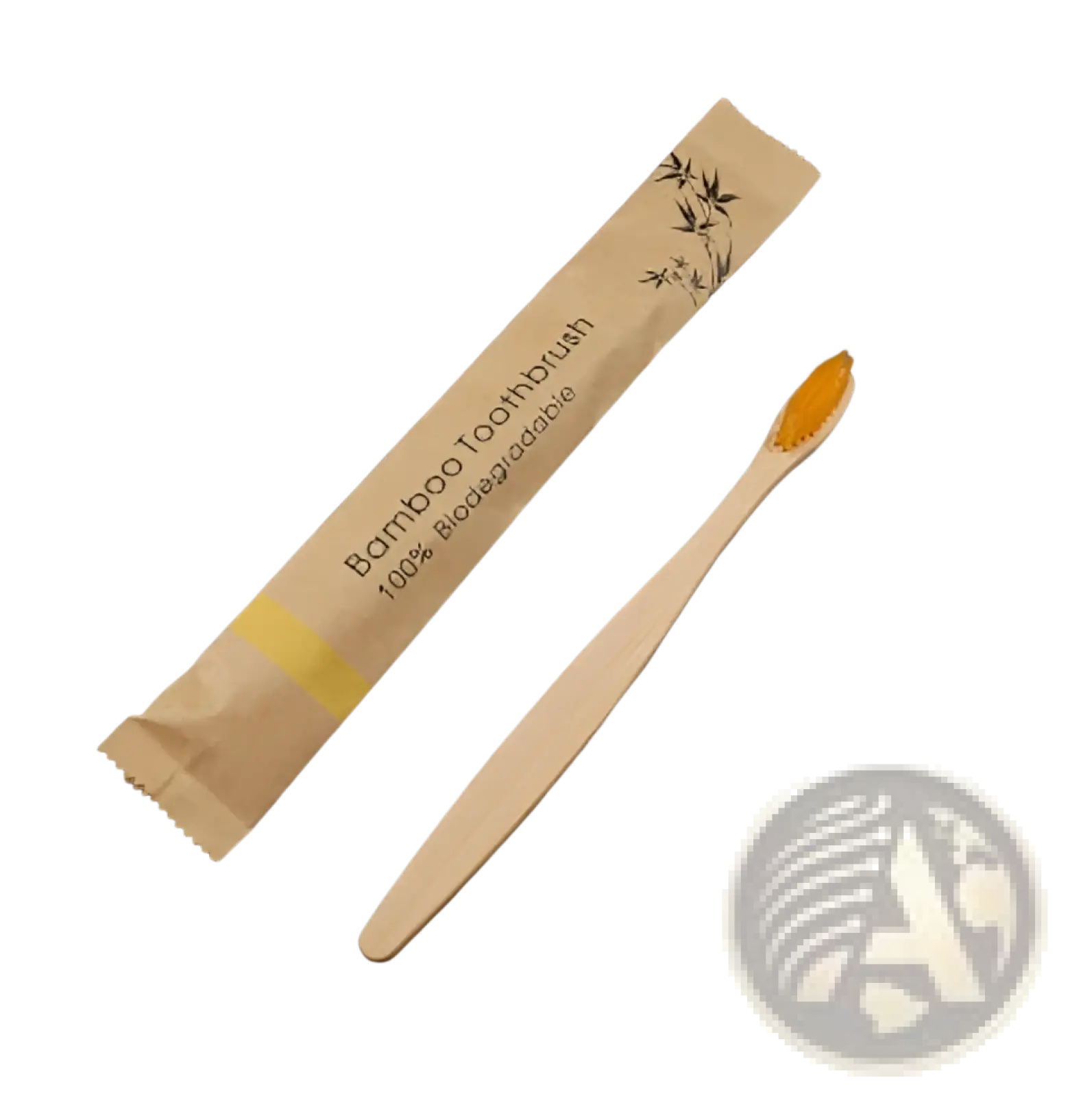 A light beige bamboo toothbrush with soft orange bristles features a natural smooth finish in a 10 pack set