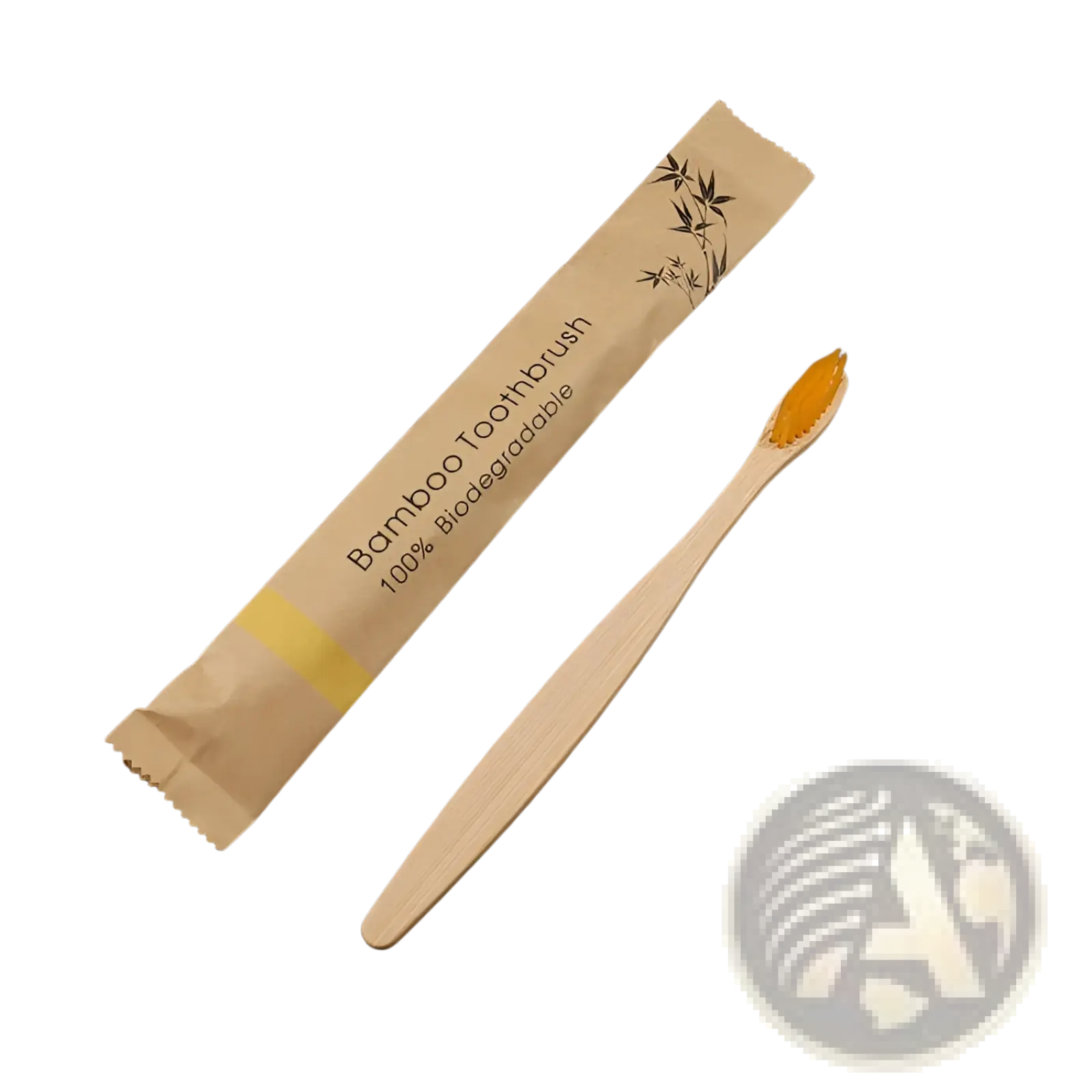 A natural bamboo toothbrush set 10 pack with soft orange bristles in biodegradable brown paper packaging