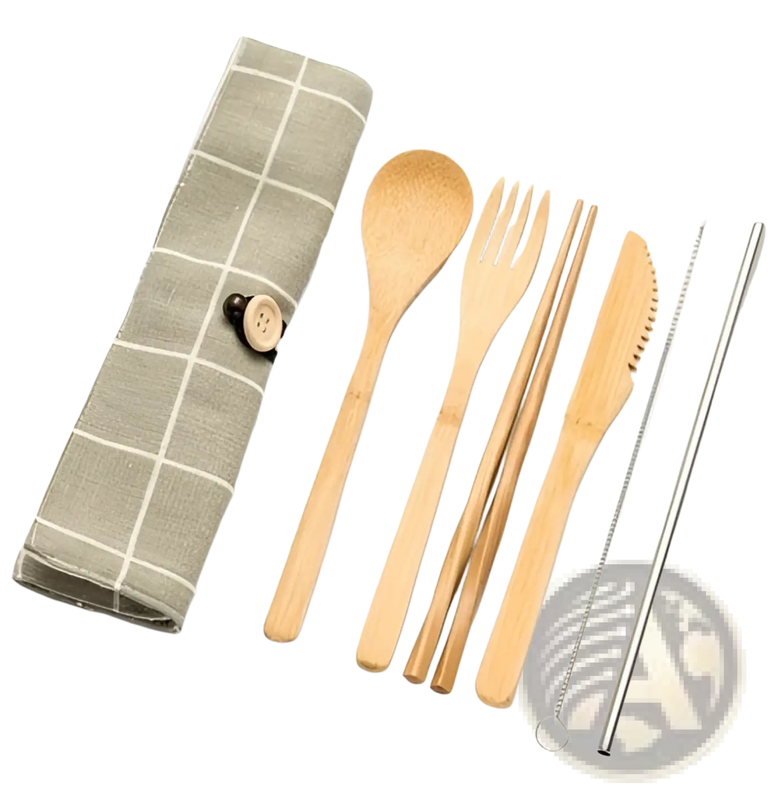 Bamboo utensil set with stainless steel straw and brush neatly arranged next to green and white checkered travel roll case