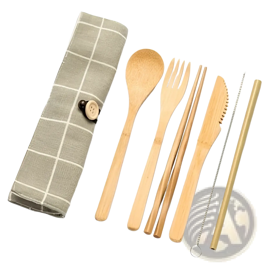 Light brown bamboo utensil set with matching checkered fabric case and metal straw brush for travel use