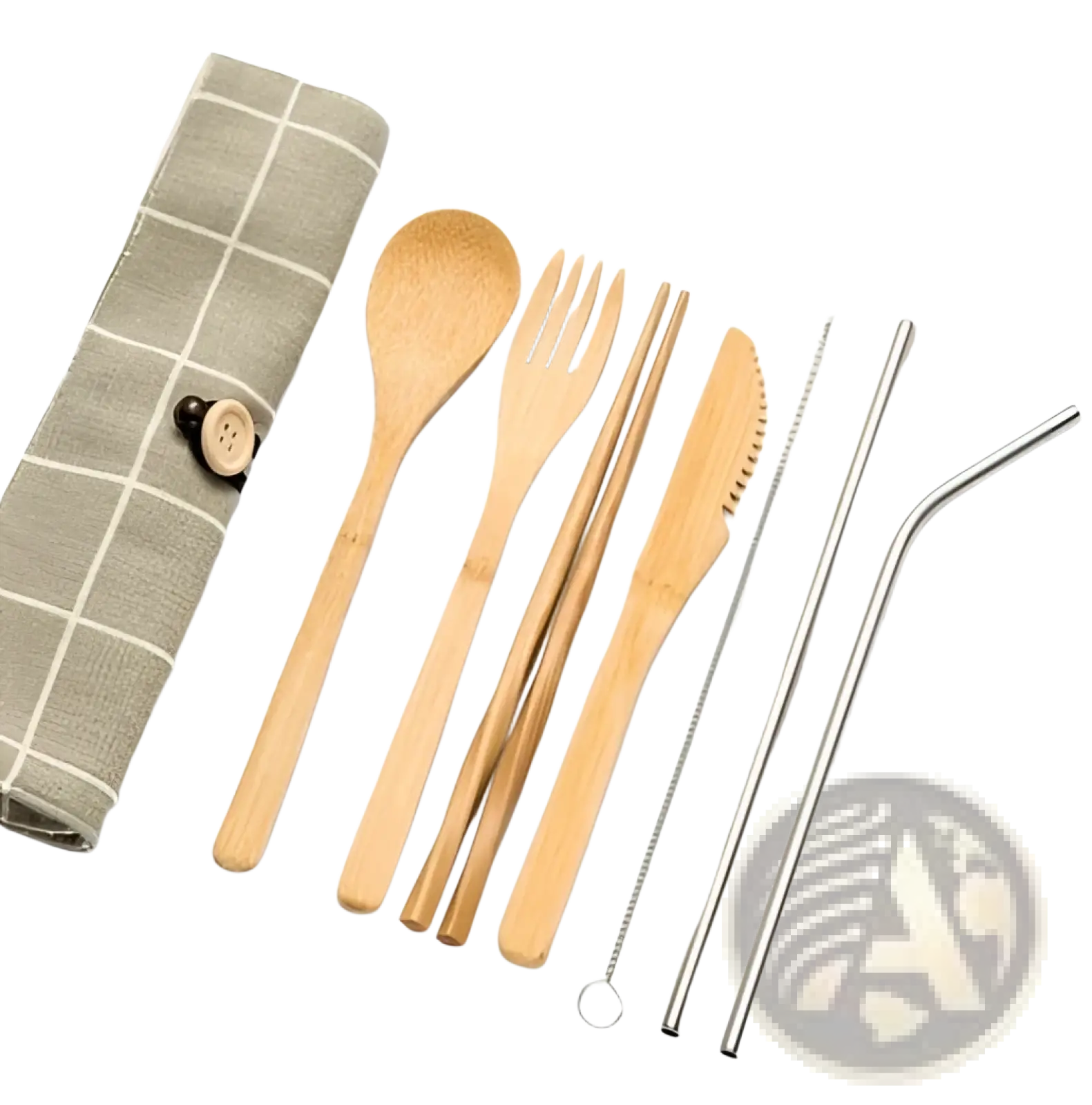 Bamboo utensil set with stainless steel tools and checkered cloth roll case for eco-friendly travel use