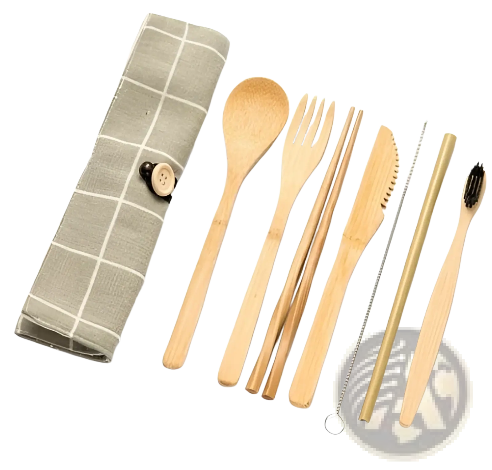Light brown bamboo utensil set with matching checkered fabric travel roll case for eco friendly use
