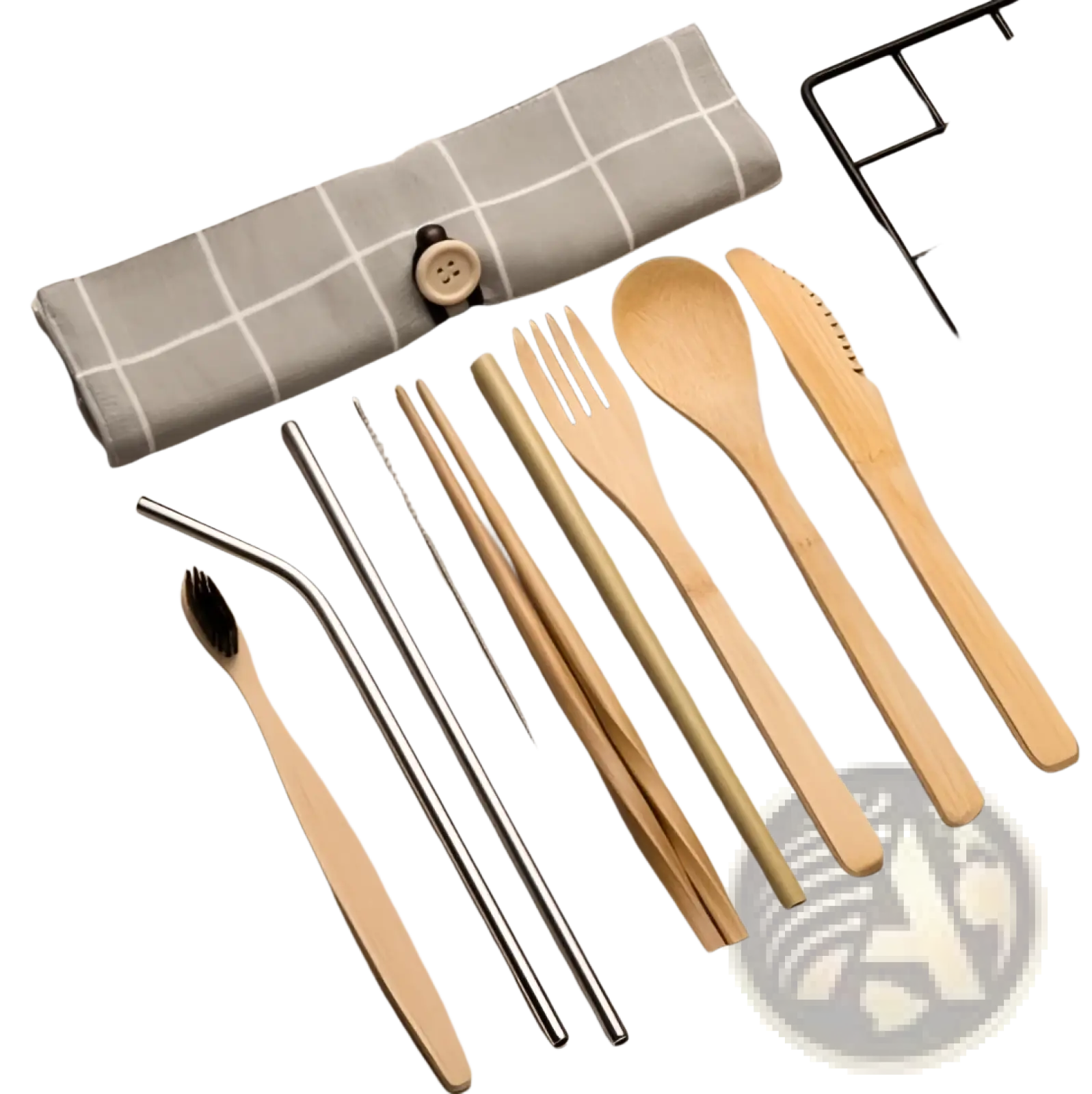 Bamboo utensil set with stainless steel eco-friendly utensils and gray checkered fabric travel roll case