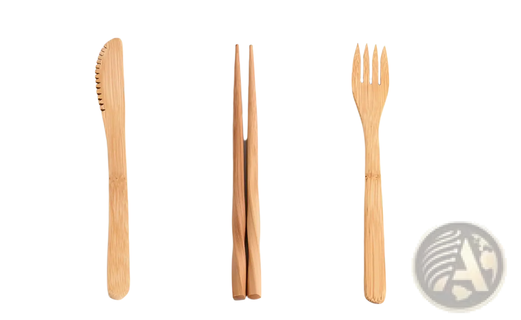 Light brown bamboo utensil set with knife chopsticks and fork featuring natural wood grain texture in checkered travel roll case