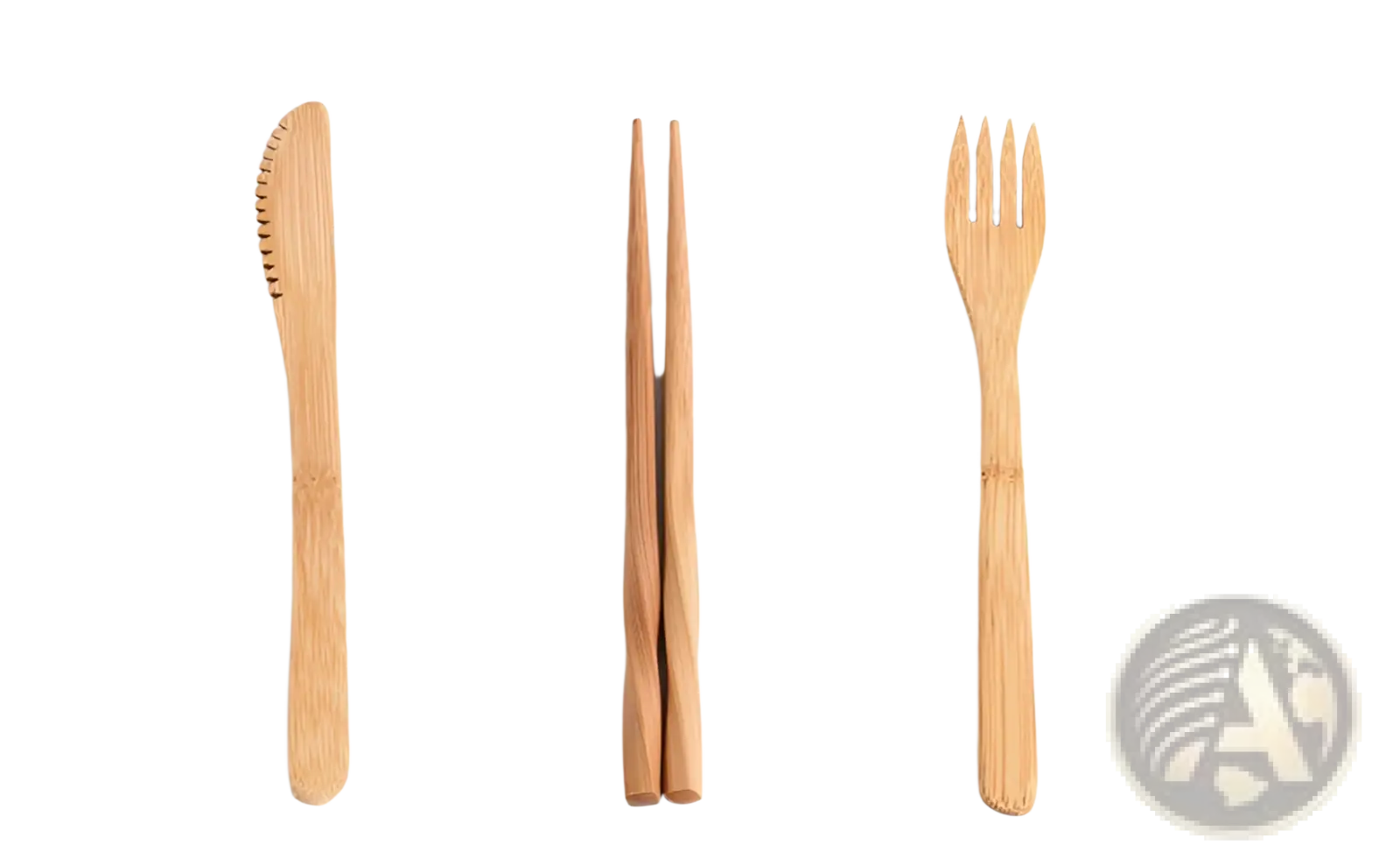Light brown bamboo utensil set with knife chopsticks and fork featuring natural wood grain texture in checkered travel roll case
