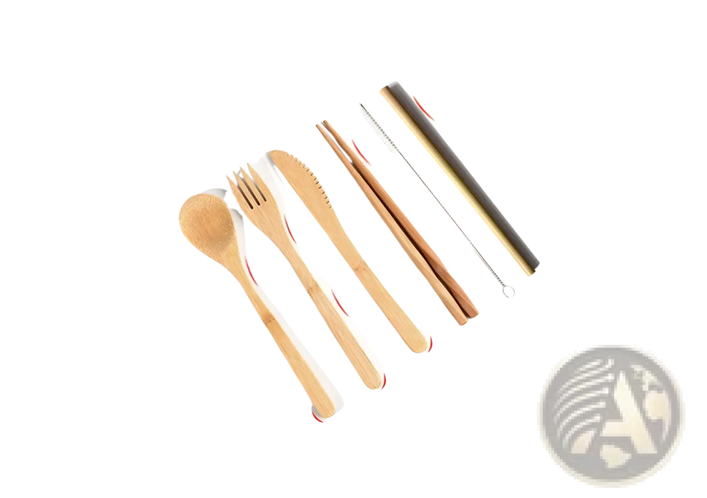 Bamboo utensil set with natural wood finish and red accent stitching in a checkered travel roll case