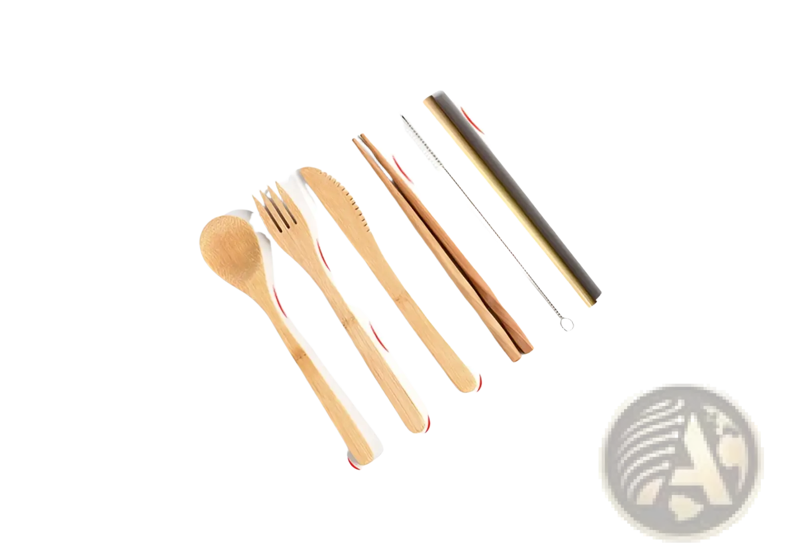 Bamboo utensil set with natural wood finish and red accent stitching in a checkered travel roll case