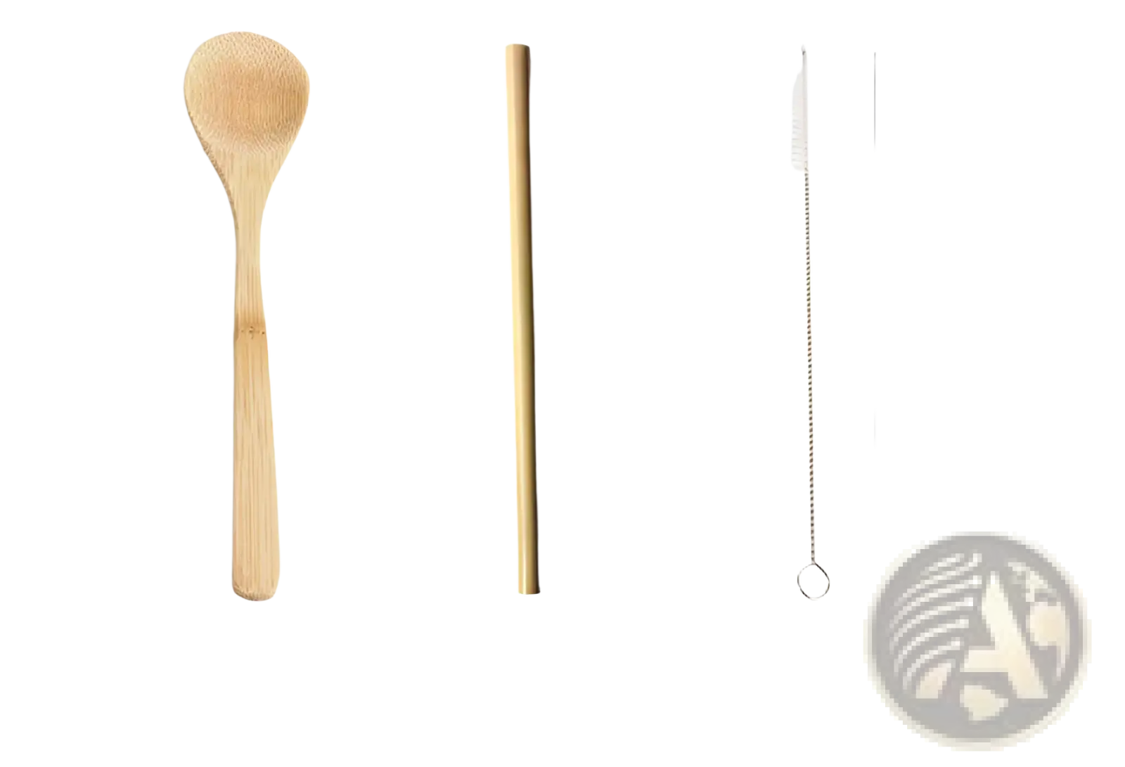Light-colored bamboo spoon with smooth natural finish and rounded bowl from bamboo utensil set with checkered travel roll case