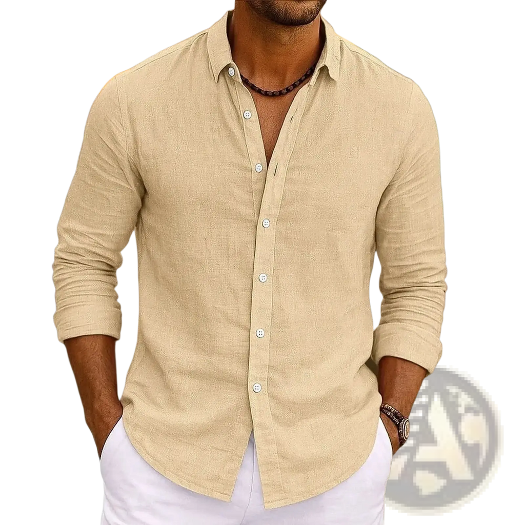 Beige bamboo viscose long sleeve shirt for men with white buttons and rolled-up sleeves in linen texture