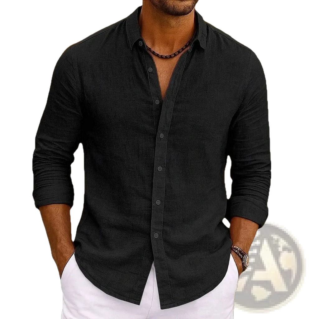 Black bamboo viscose long sleeve shirt for men with subtle textured weave and rolled cuffs