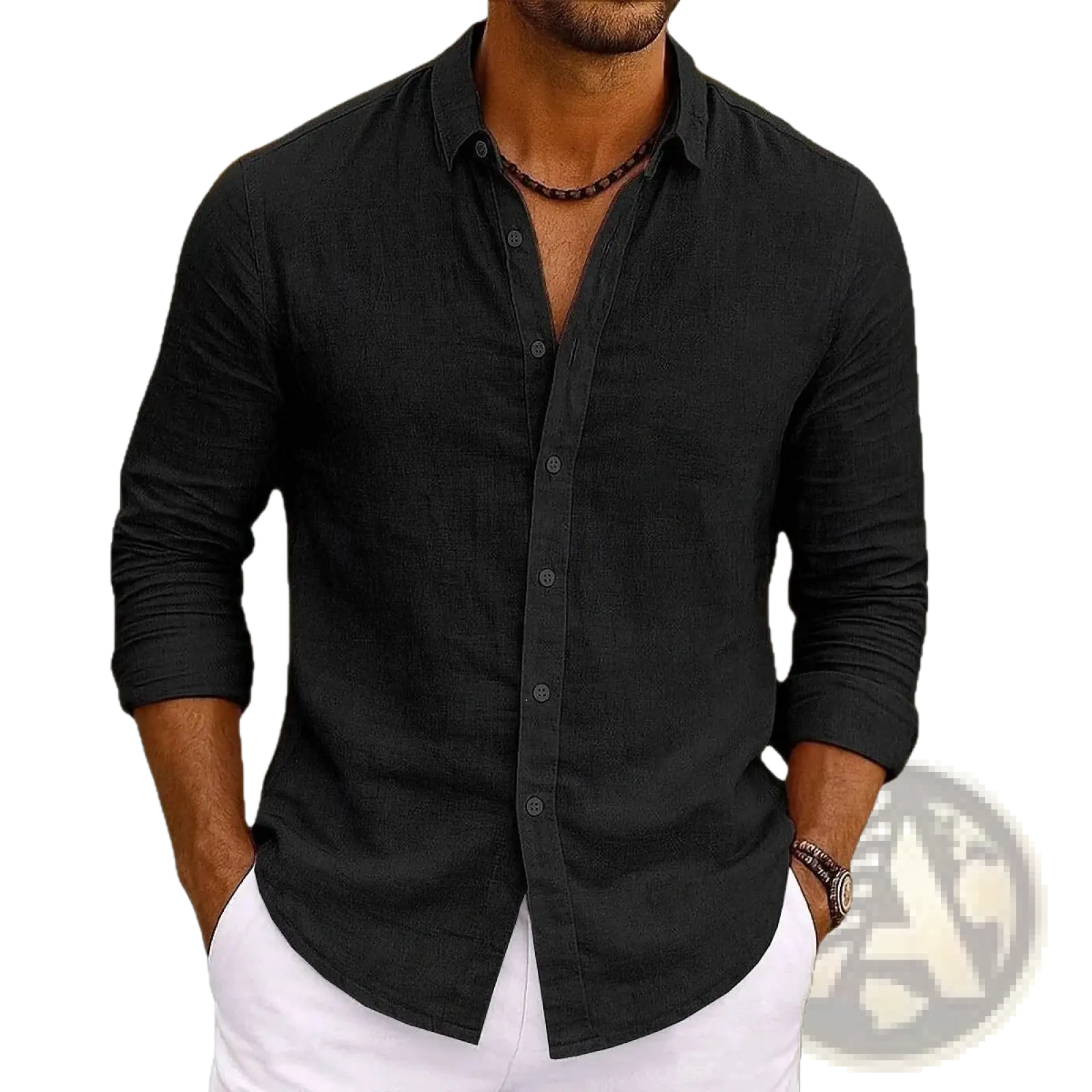 Black bamboo viscose long sleeve shirt for men with subtle textured weave and rolled cuffs