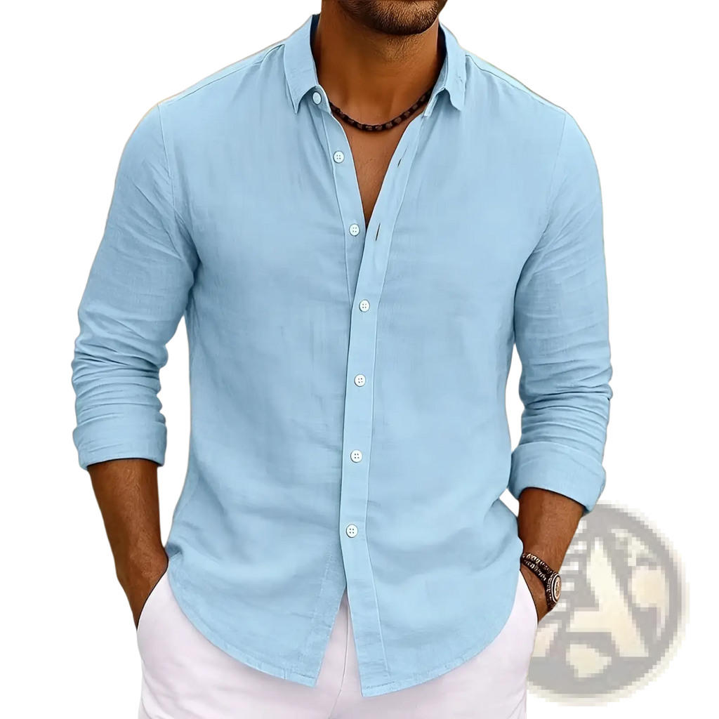 Light blue bamboo viscose long sleeve shirt for men with subtle textured weave and white buttons