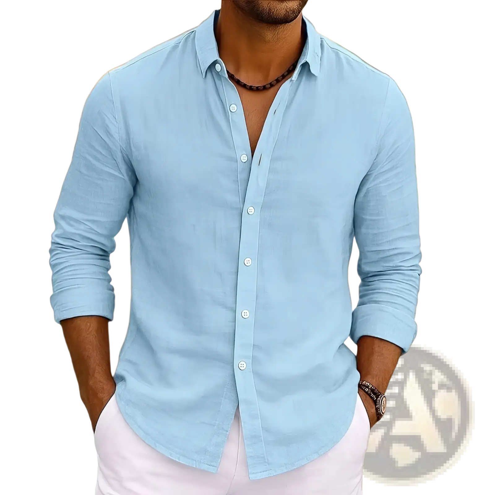 Light blue bamboo viscose long sleeve shirt for men with subtle textured weave and white buttons
