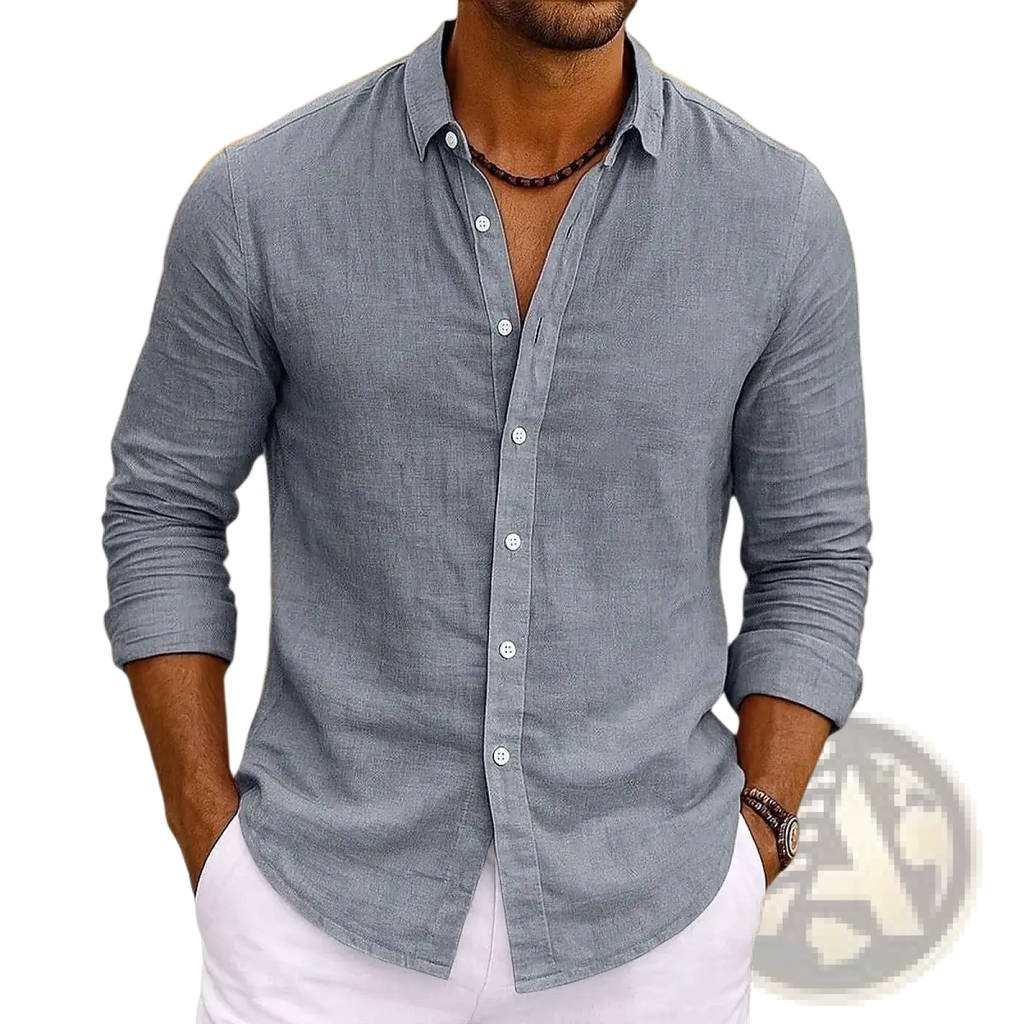 A light gray bamboo viscose long sleeve shirt for men with subtle textured weave and white buttons