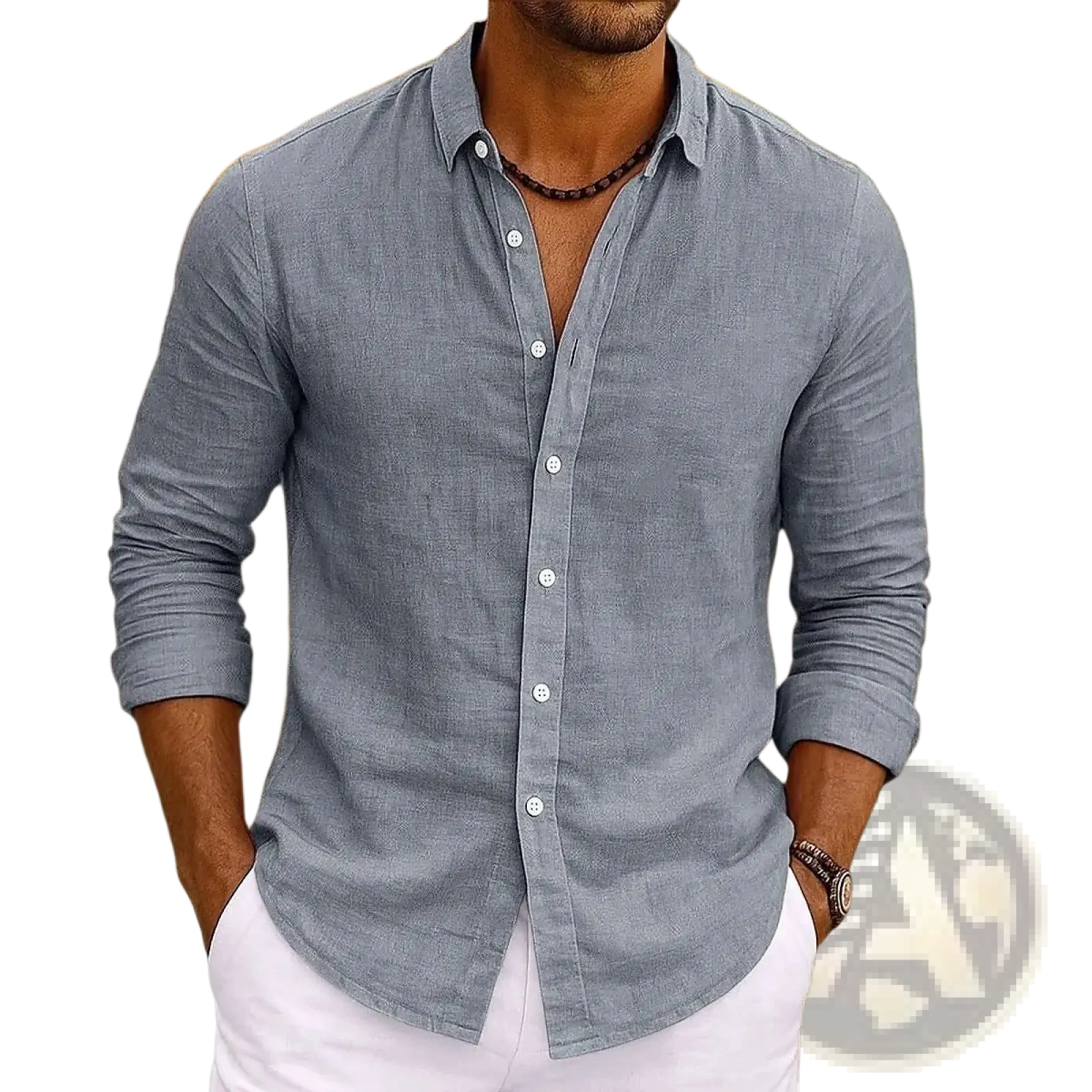 A light gray bamboo viscose long sleeve shirt for men with subtle textured weave and white buttons