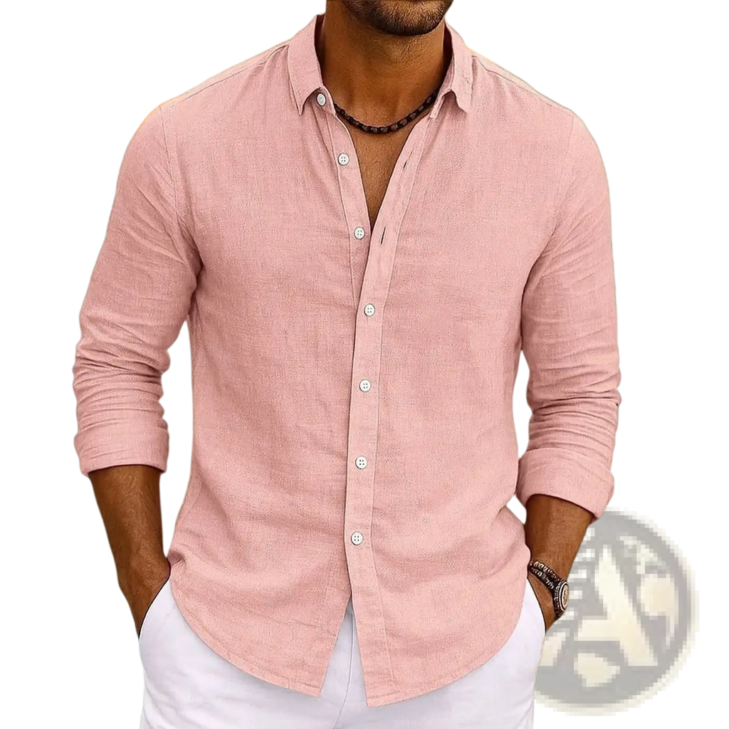 A soft pink bamboo viscose long sleeve shirt for men with subtle textured weave and white buttons