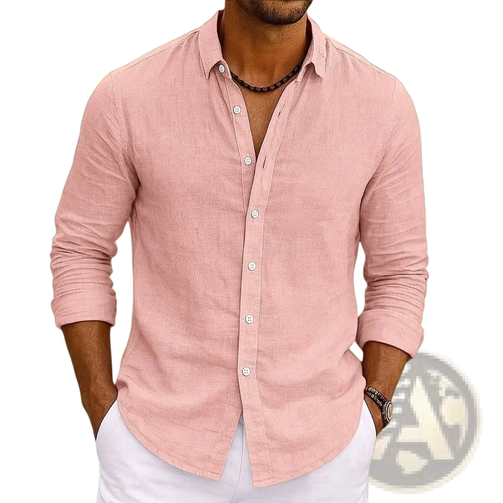 A soft pink bamboo viscose long sleeve shirt for men with subtle textured weave and white buttons