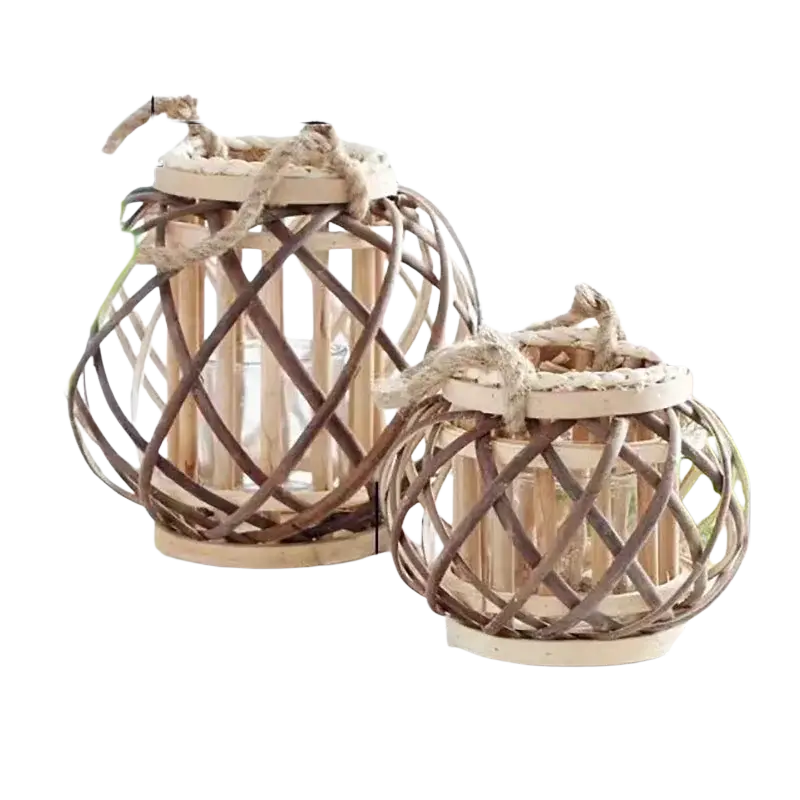 Bamboo woven candle holder with natural rattan material in light brown and beige tones for home decoration and positive feedback