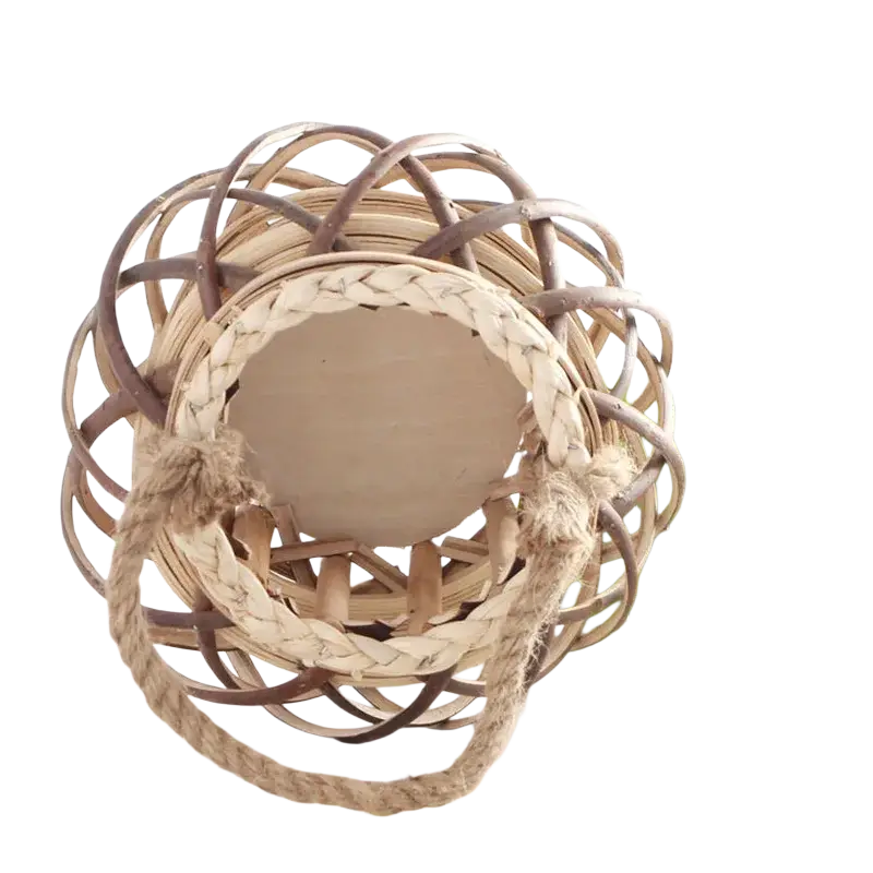 A bamboo woven candle holder in natural brown and beige with braided rope handles for home decoration with positive feedback