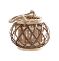 Bamboo woven candle holder with natural brown and beige rattan frame and braided rope handle for home decoration