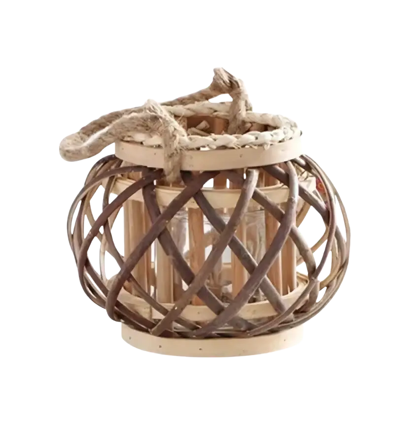 Bamboo woven candle holder with natural brown and beige rattan frame and braided rope handle for home decoration