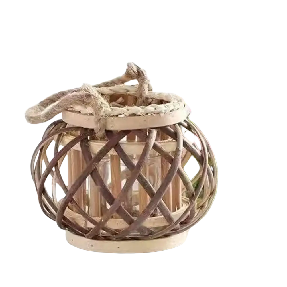 Bamboo woven candle holder with rattan lattice design natural wood tones and braided jute handle for home decoration