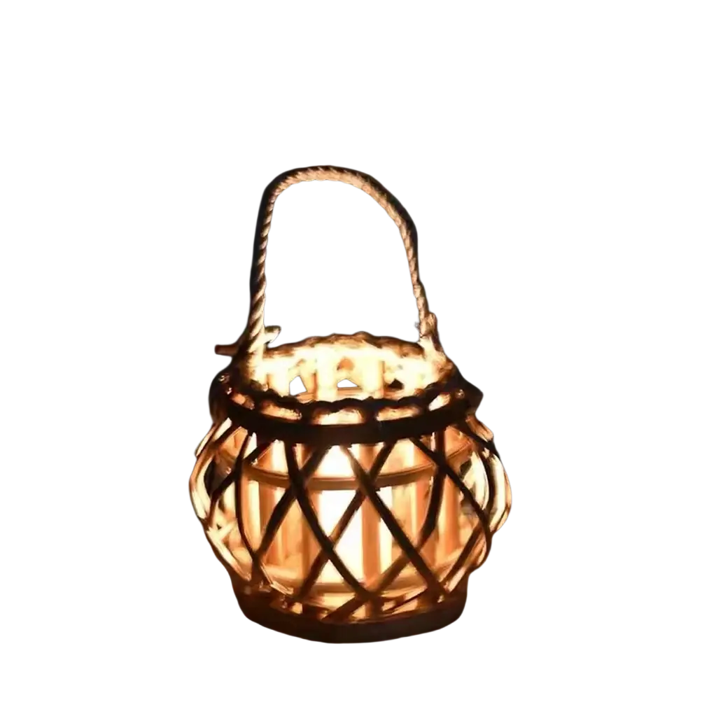 A warm glowing bamboo woven candle holder with lattice design and rope handle for elegant home decoration